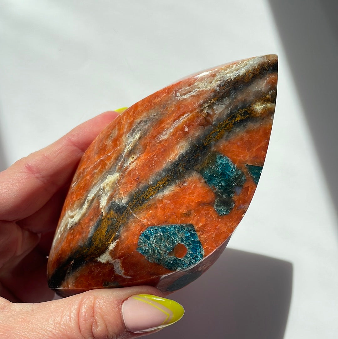 Rare Blue Apatite & Orange Calcite Flame 9