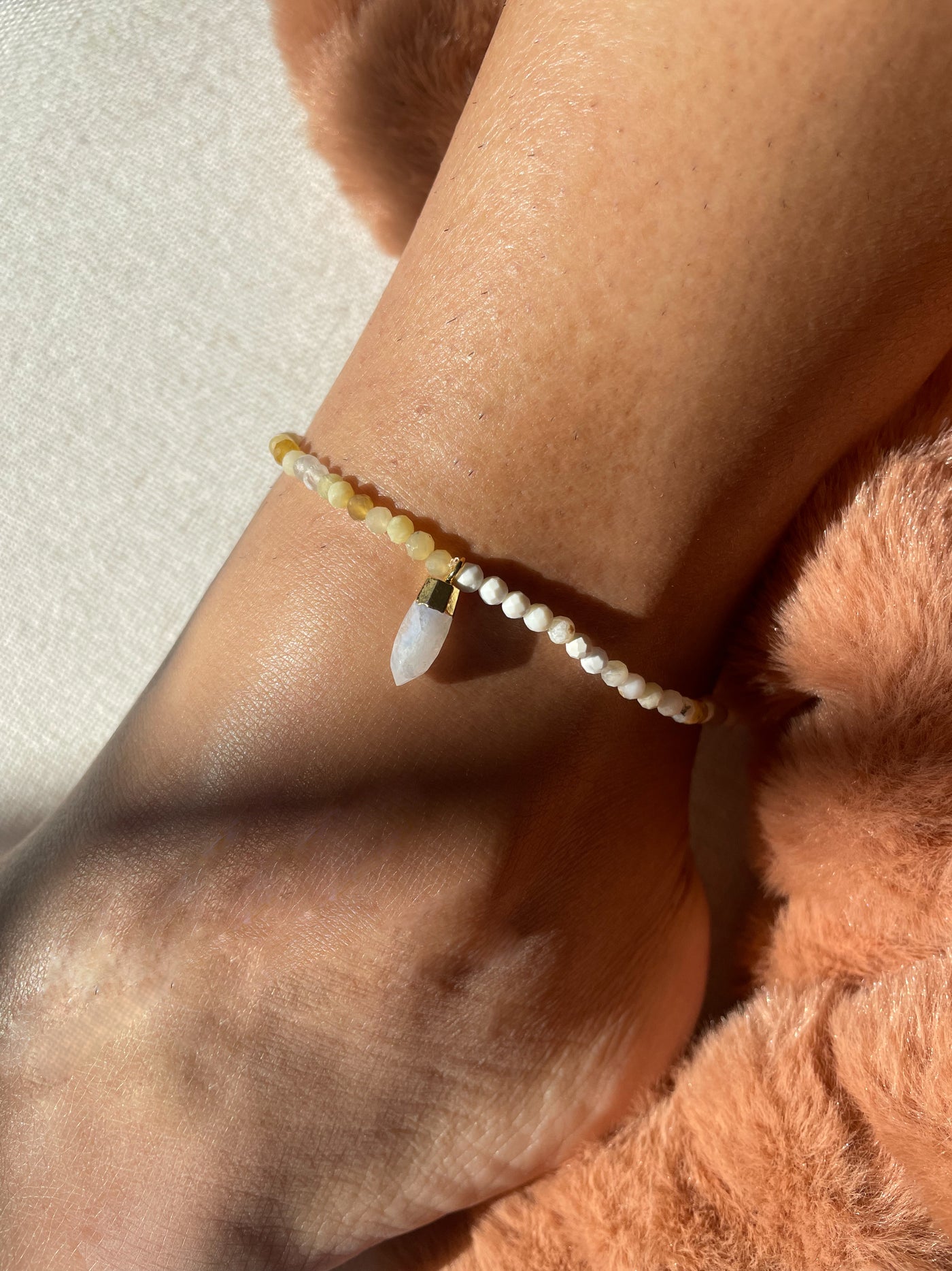 Yellow/White Opal with Rainbow Moonstone Pendant Anklet
